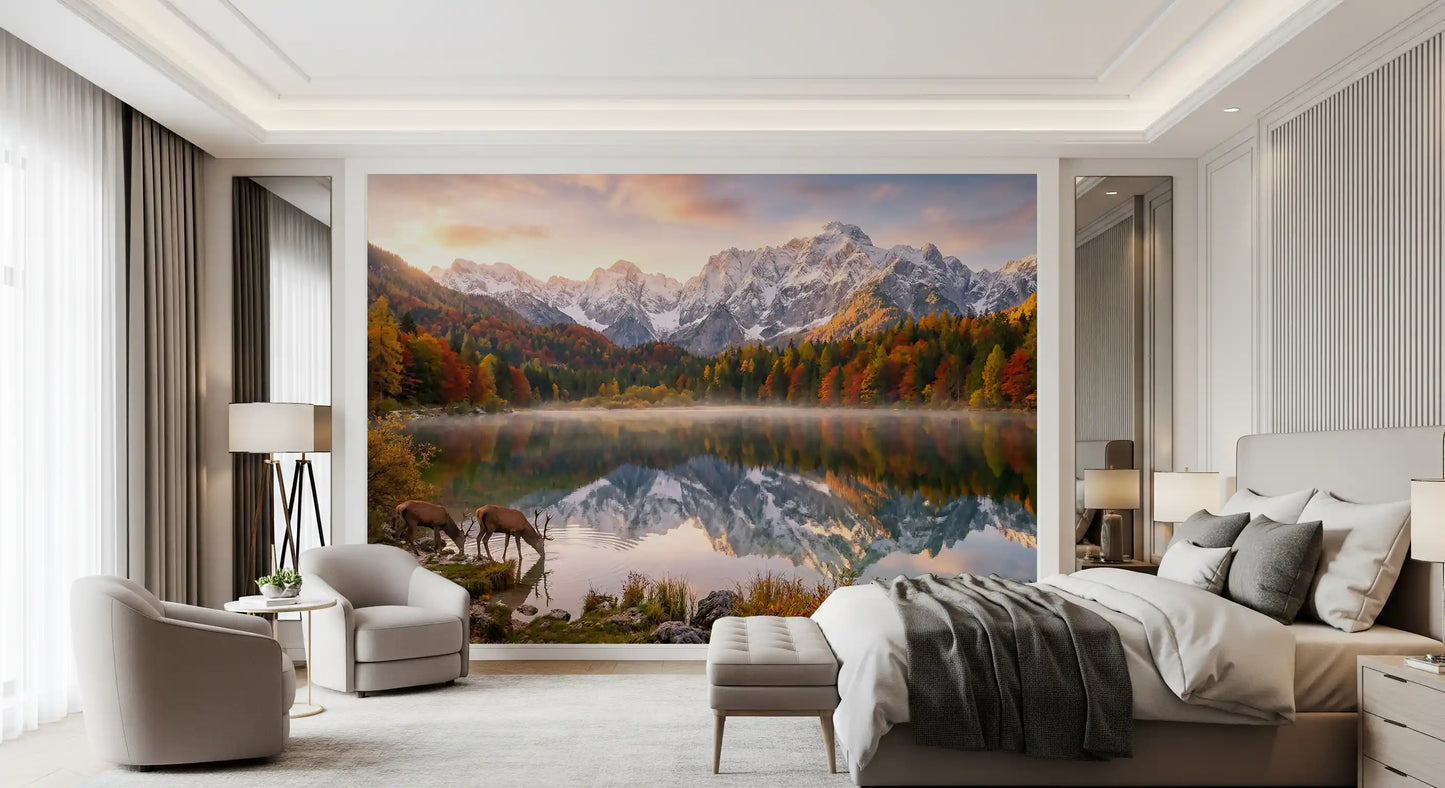 Alpine Autumn Reflection with Deer Wall Mural
