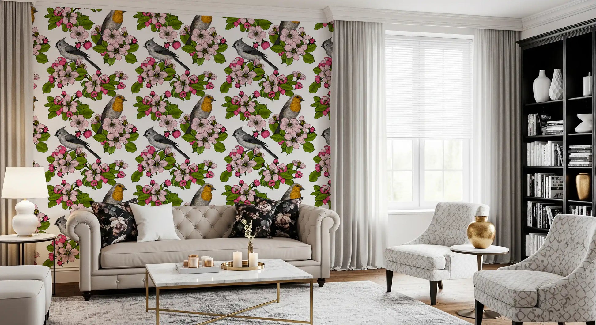 Hand-Painted Birds & Apple Blossoms Wallpaper