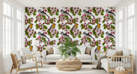 Birds and Blossoms on White wallpaper with birds and pink flowers