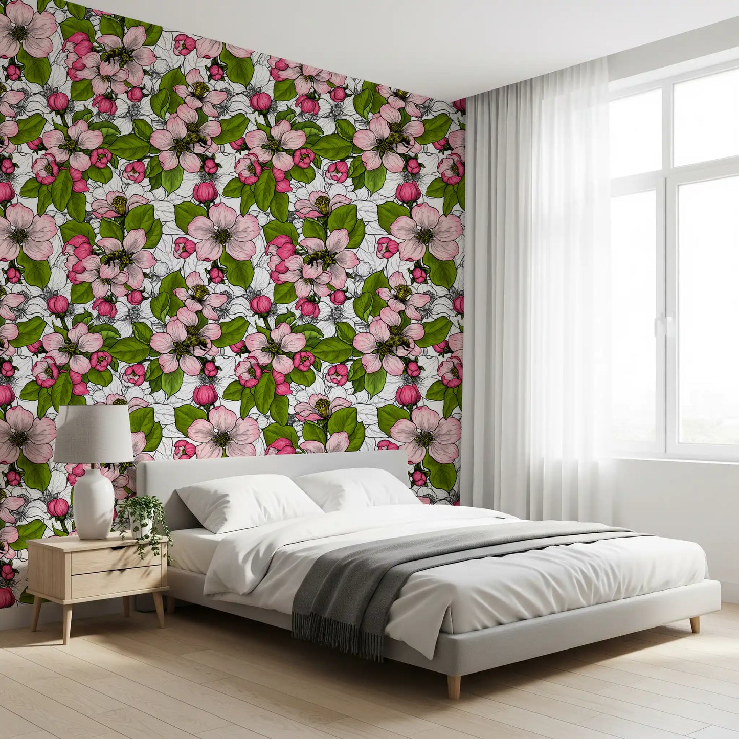 Bedroom wall featuring Apple Blossom on White wallpaper pink flowers
