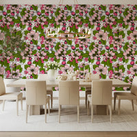 Botanical floral wallpaper with Apple Blossom on White leaf design