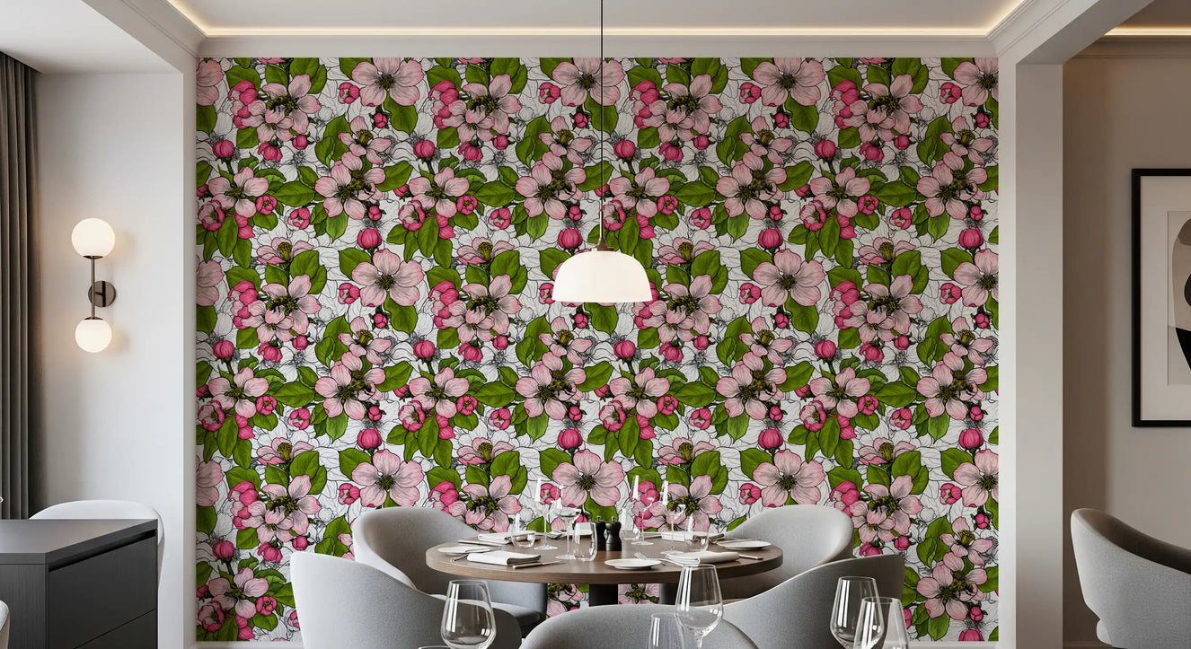Dining room setup with Apple Blossom on White wallpaper floral layout