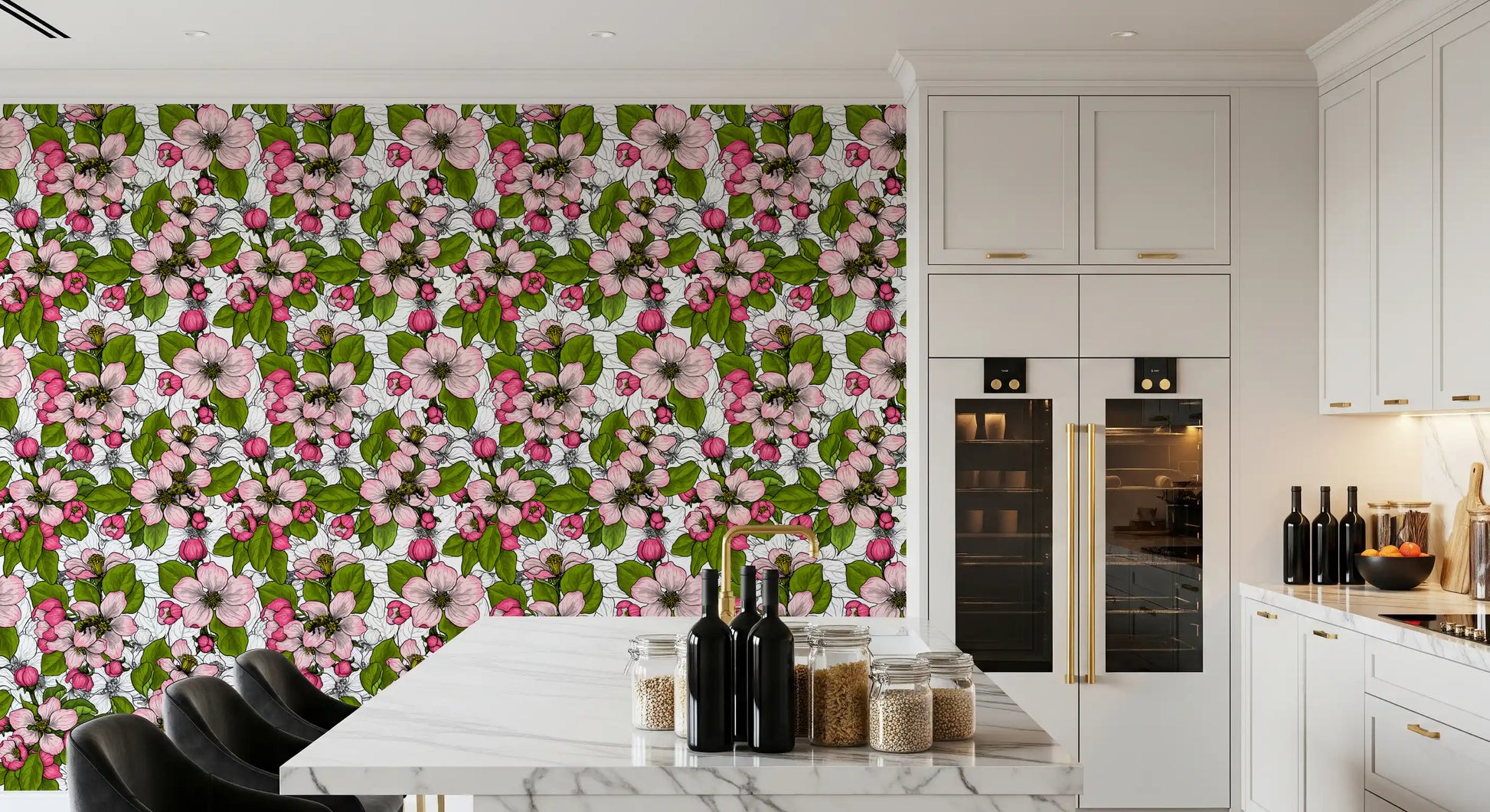 Kitchen space using Apple Blossom on White wallpaper botanical pattern