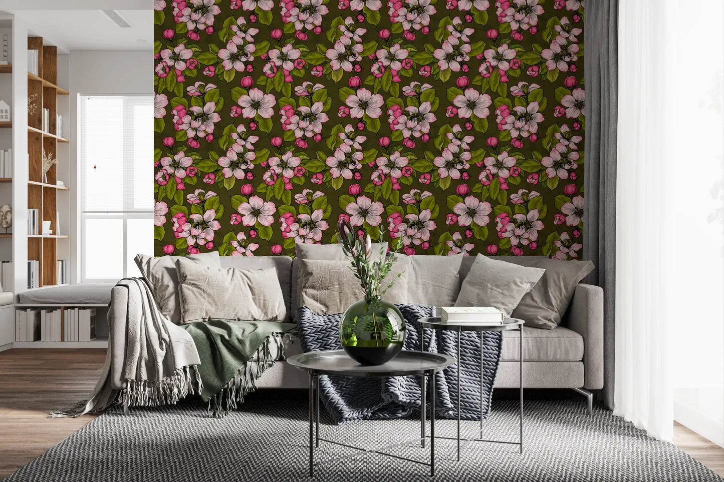 Living room styled with Apple Blossom on Green wallpaper floral pattern