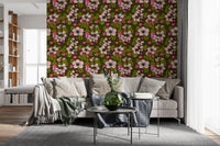 Living room styled with Apple Blossom on Green wallpaper floral pattern