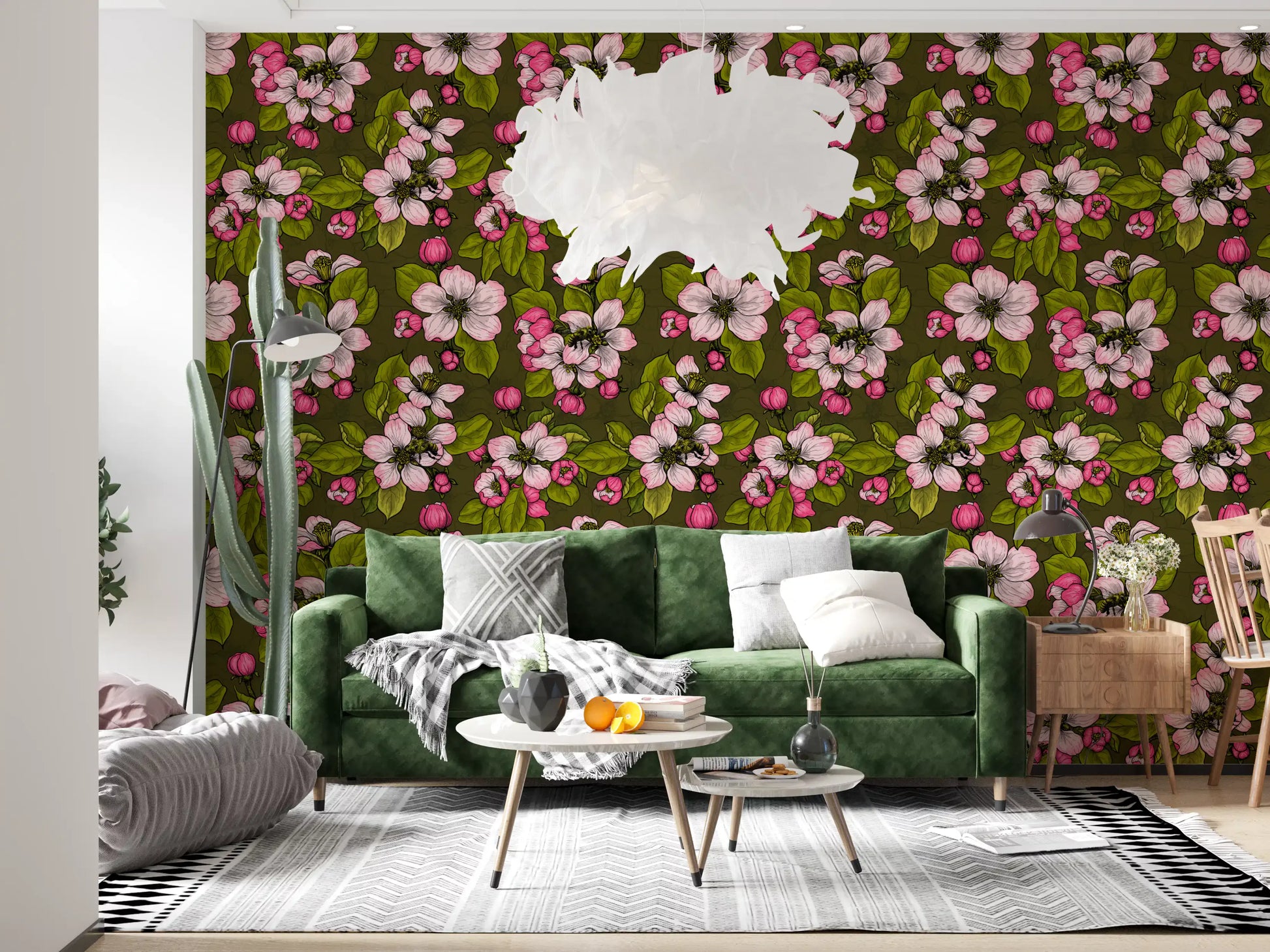 Hallway space using Apple Blossom on Green wallpaper botanical design