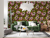 Hallway space using Apple Blossom on Green wallpaper botanical design