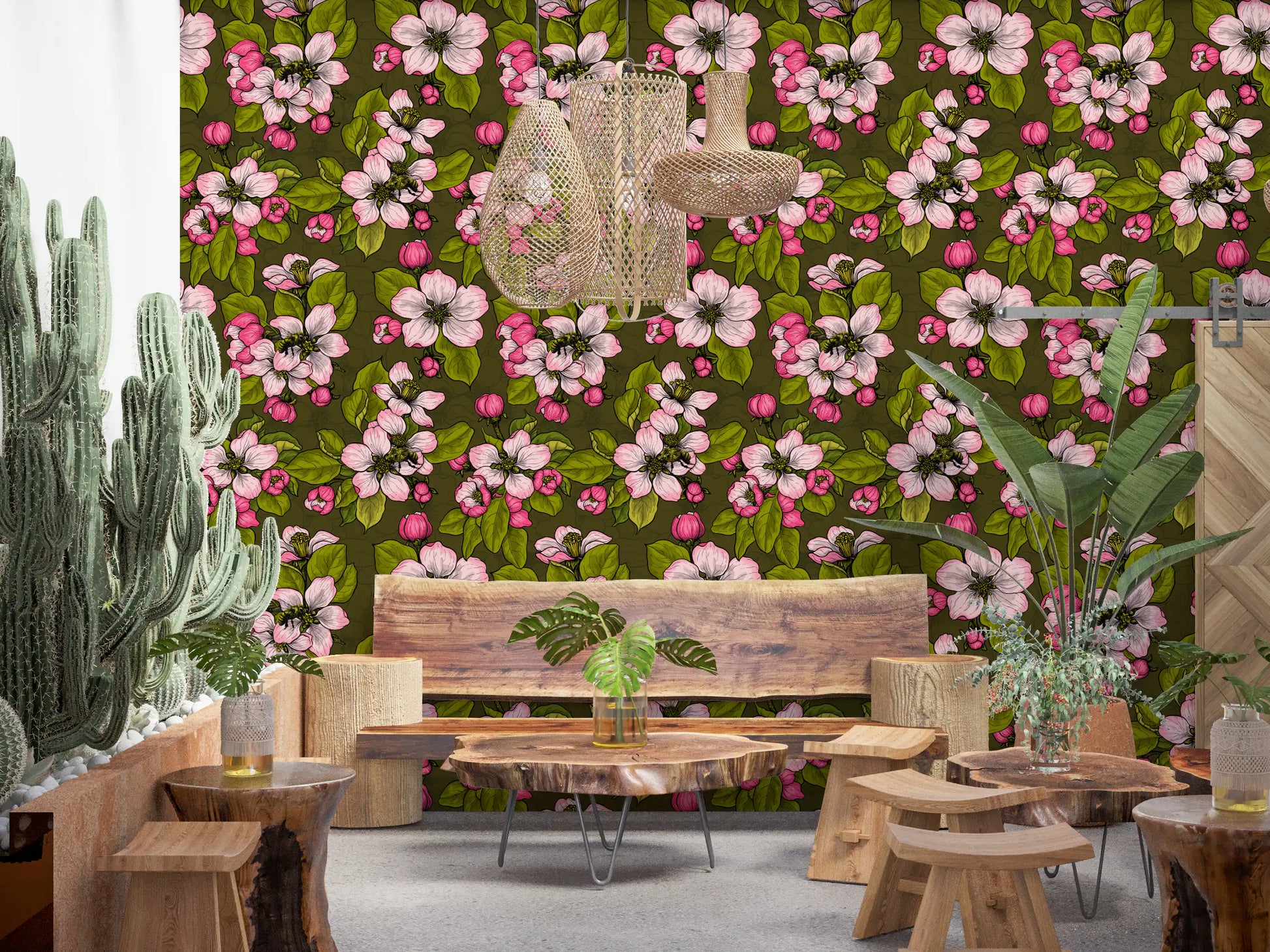 Apple Blossom on Green wallpaper with pink blooms and green foliage