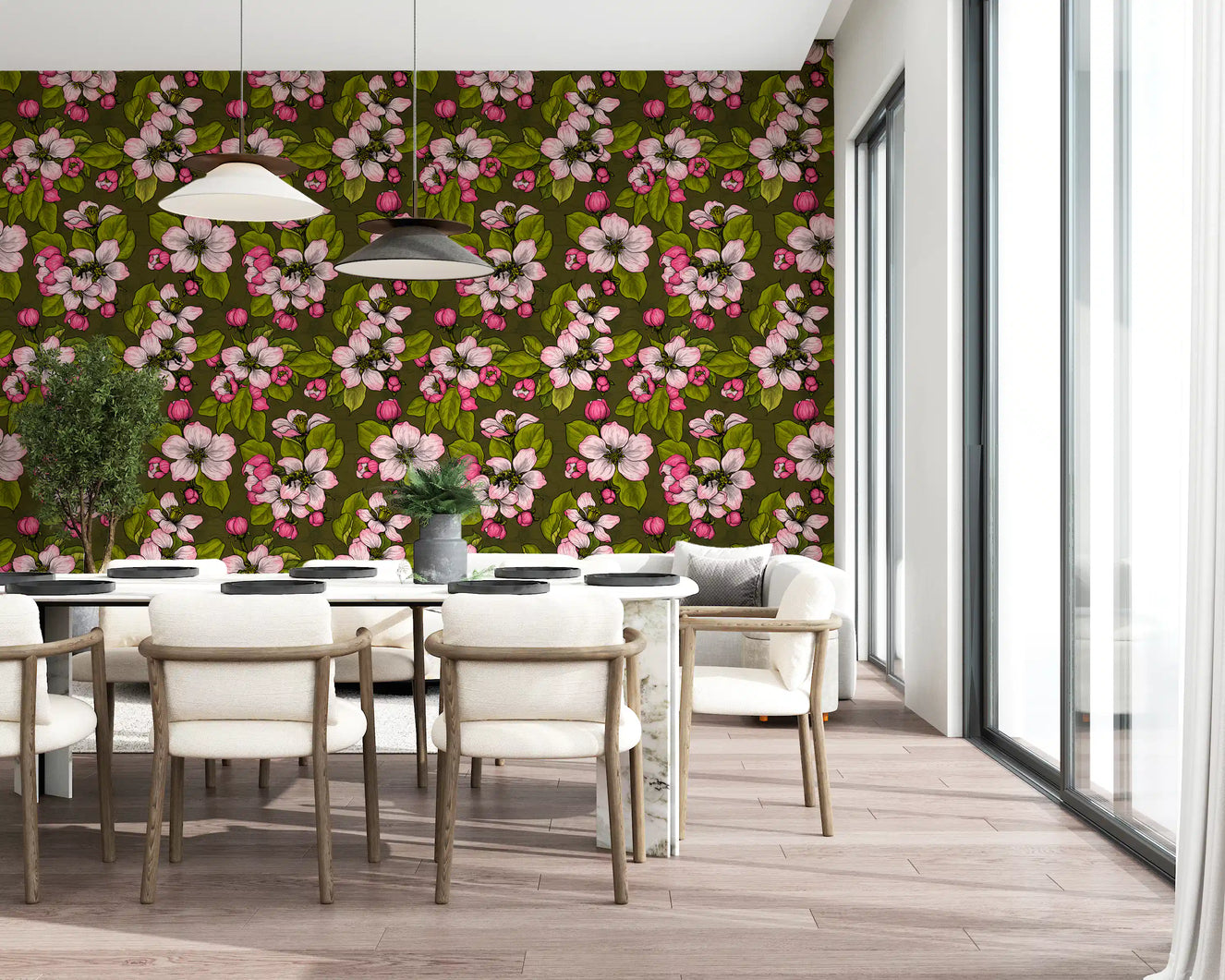 Dining room wall featuring Apple Blossom on Green wallpaper pink flowers