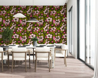Dining room wall featuring Apple Blossom on Green wallpaper pink flowers