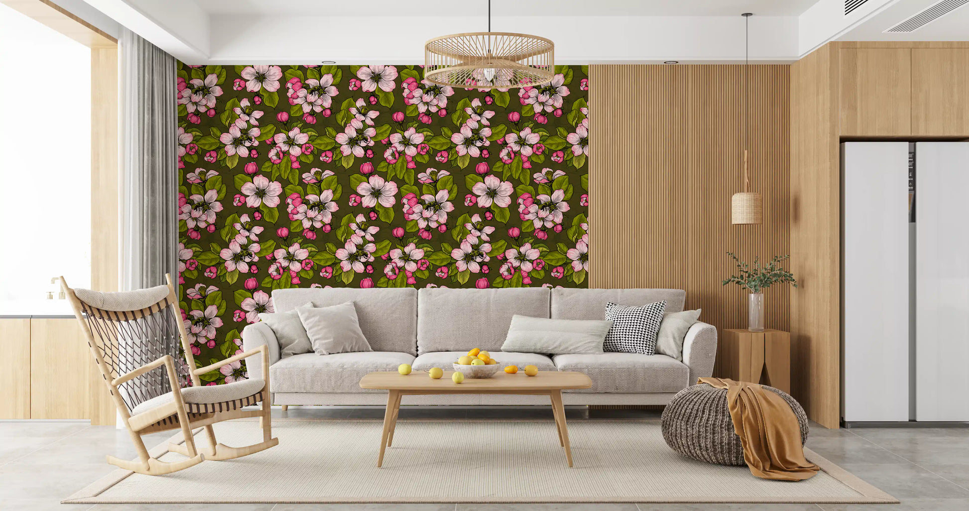 Green floral wallpaper with Apple Blossom pink bloom arrangement