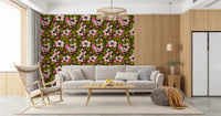 Green floral wallpaper with Apple Blossom pink bloom arrangement