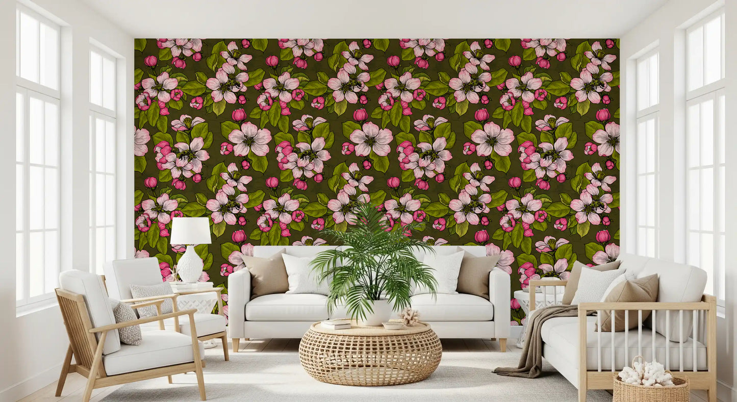Floral wallpaper featuring Apple Blossom on Green detailed pattern