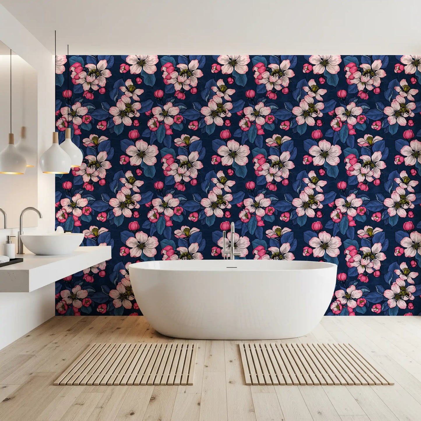 Bathroom styled with Apple Blossom on Dark Blue wallpaper floral pattern
