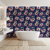 Bathroom styled with Apple Blossom on Dark Blue wallpaper floral pattern