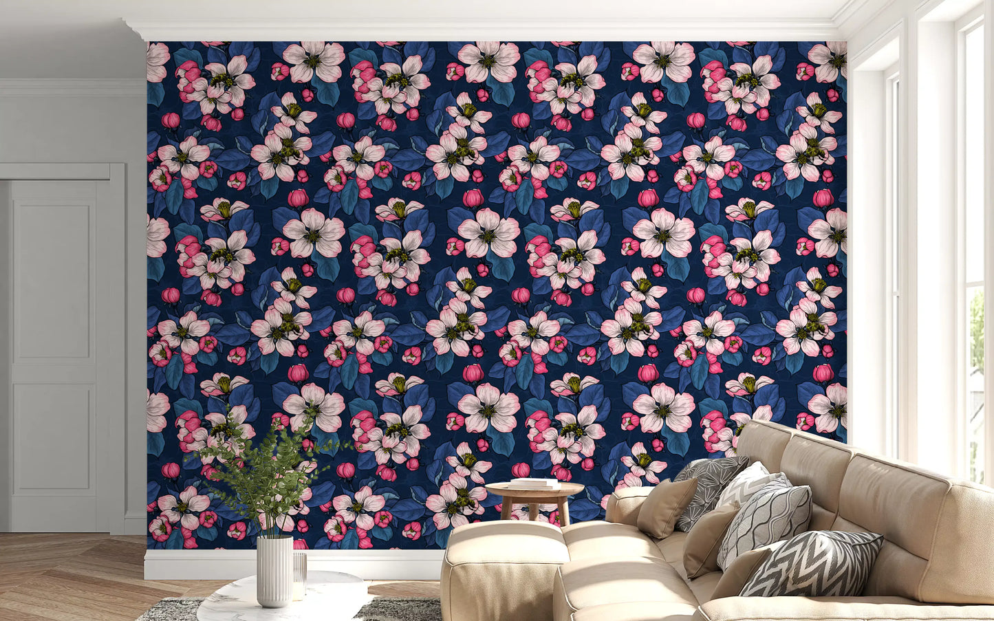 Apple Blossom on Dark Blue wallpaper with pink flowers and blue leaves
