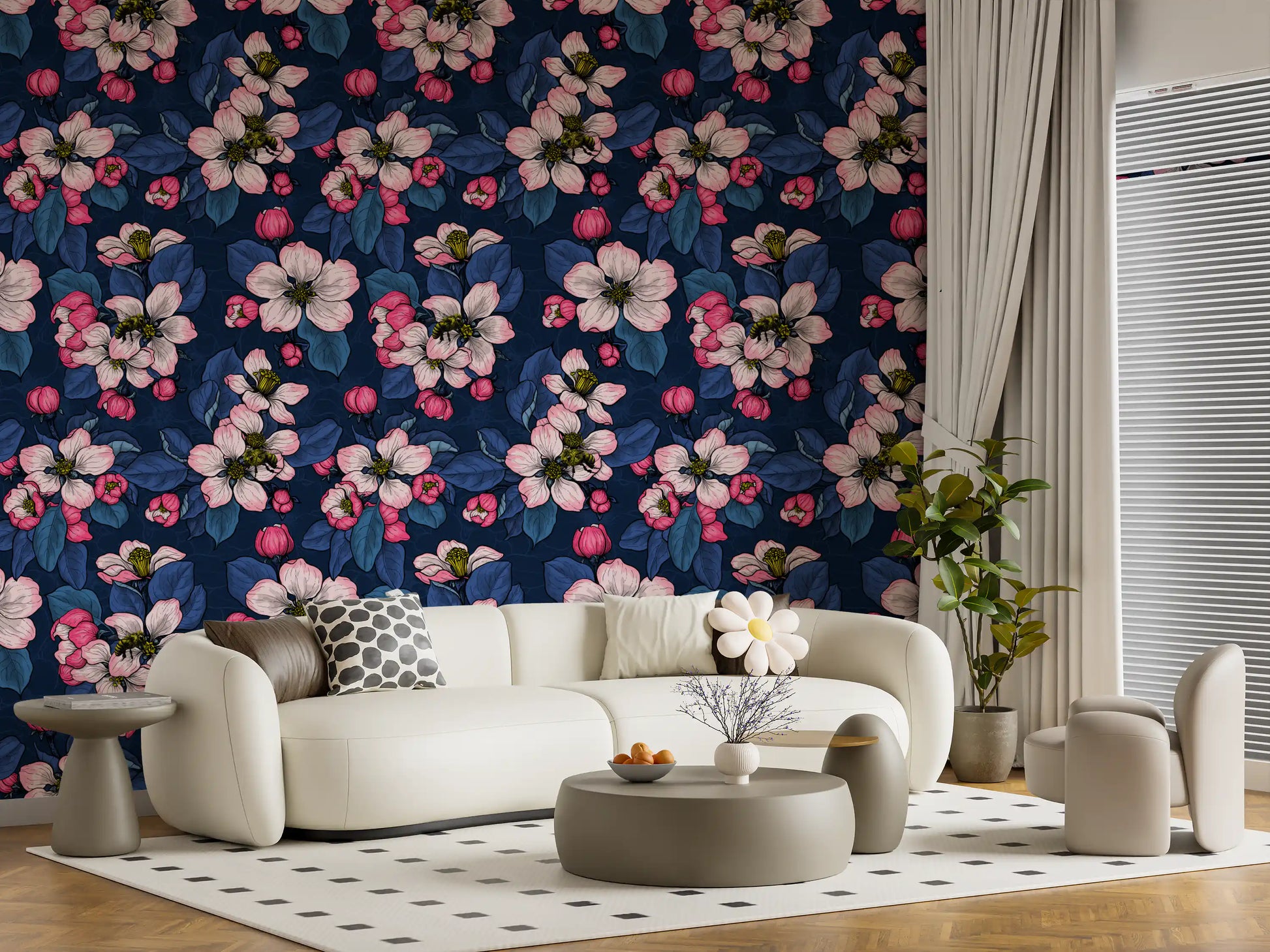 Living room setup with Apple Blossom on Dark Blue wallpaper floral layout