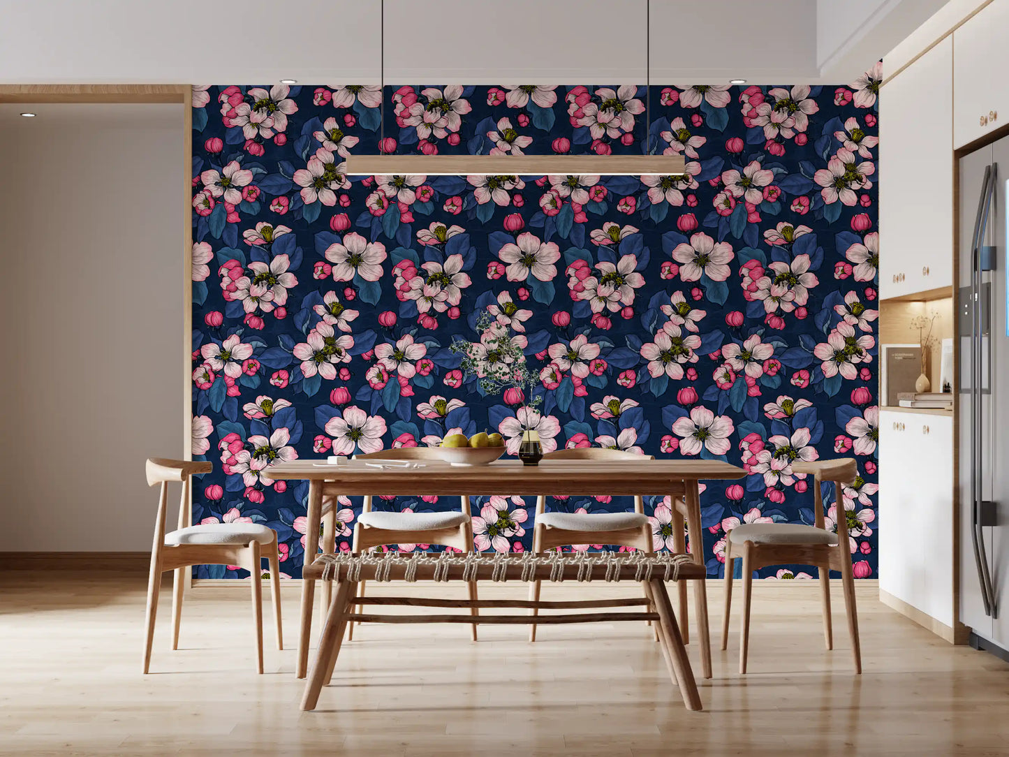 Apple Blossom on Dark Blue wallpaper with blossoms and bee illustration