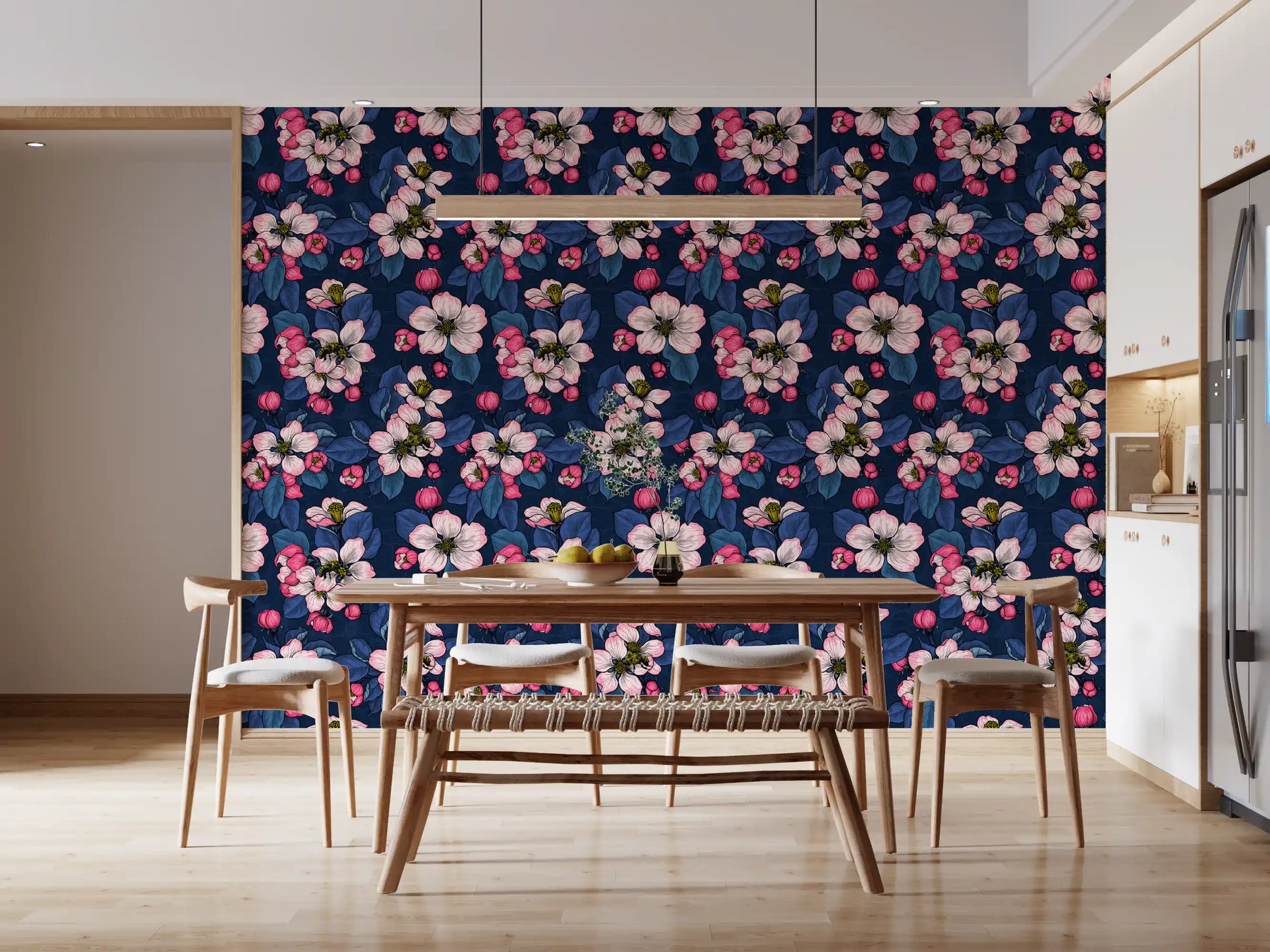Apple Blossom on Dark Blue wallpaper with blossoms and bee illustration