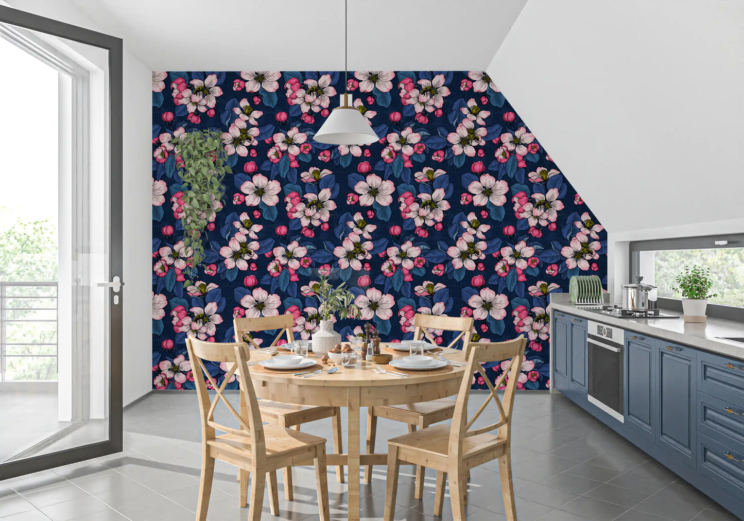 Dark blue floral wallpaper with Apple Blossom pink bloom pattern