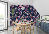 Dark blue floral wallpaper with Apple Blossom pink bloom pattern