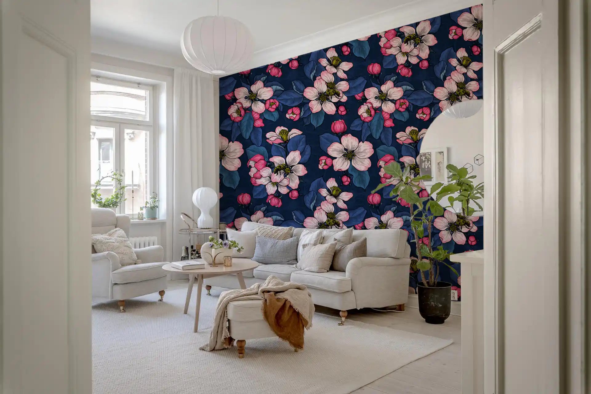 Floral wallpaper featuring Apple Blossom on Dark Blue detailed pattern