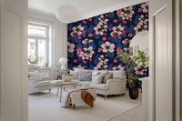 Floral wallpaper featuring Apple Blossom on Dark Blue detailed pattern