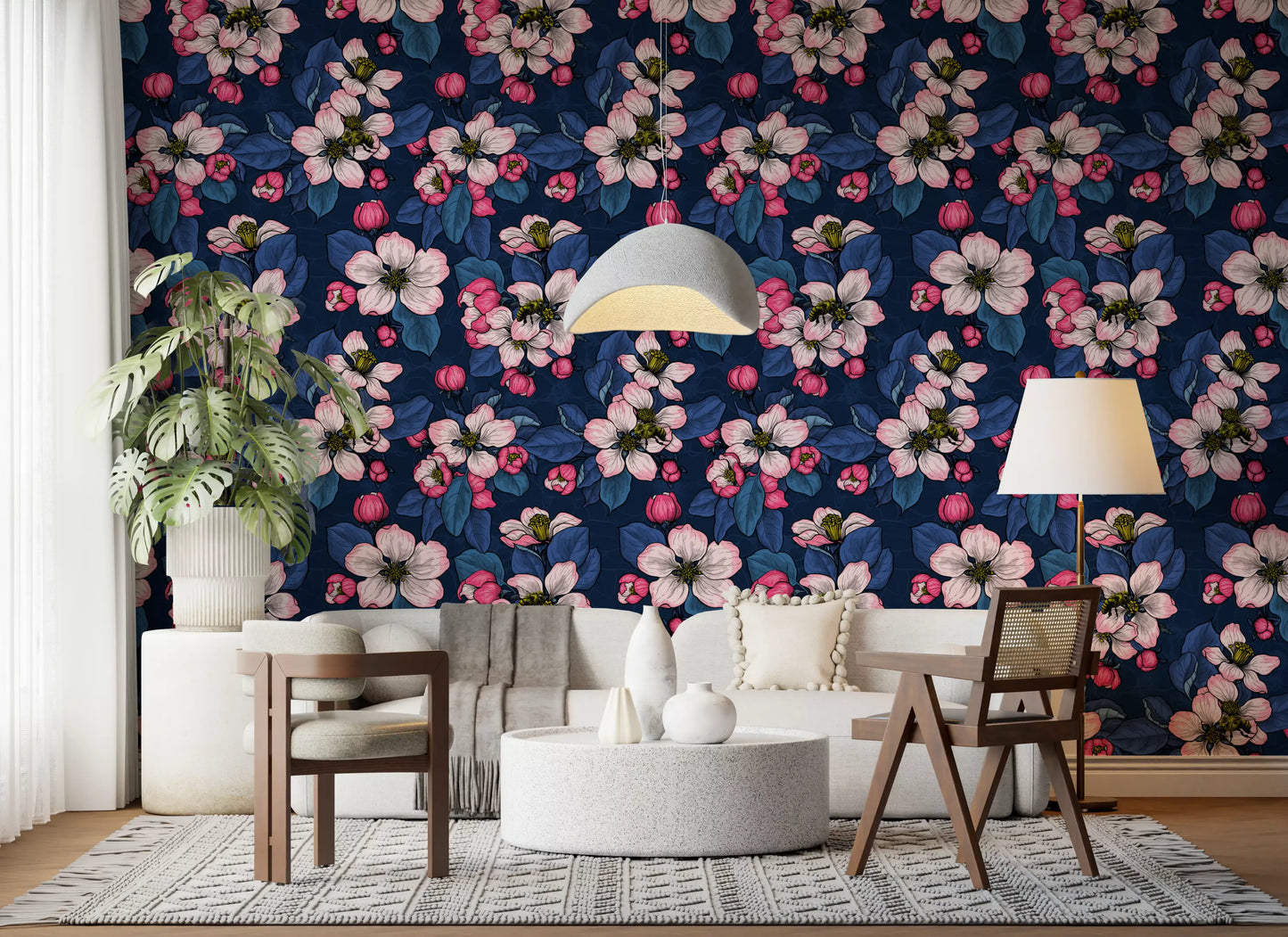 Hallway space using Apple Blossom on Dark Blue wallpaper botanical design