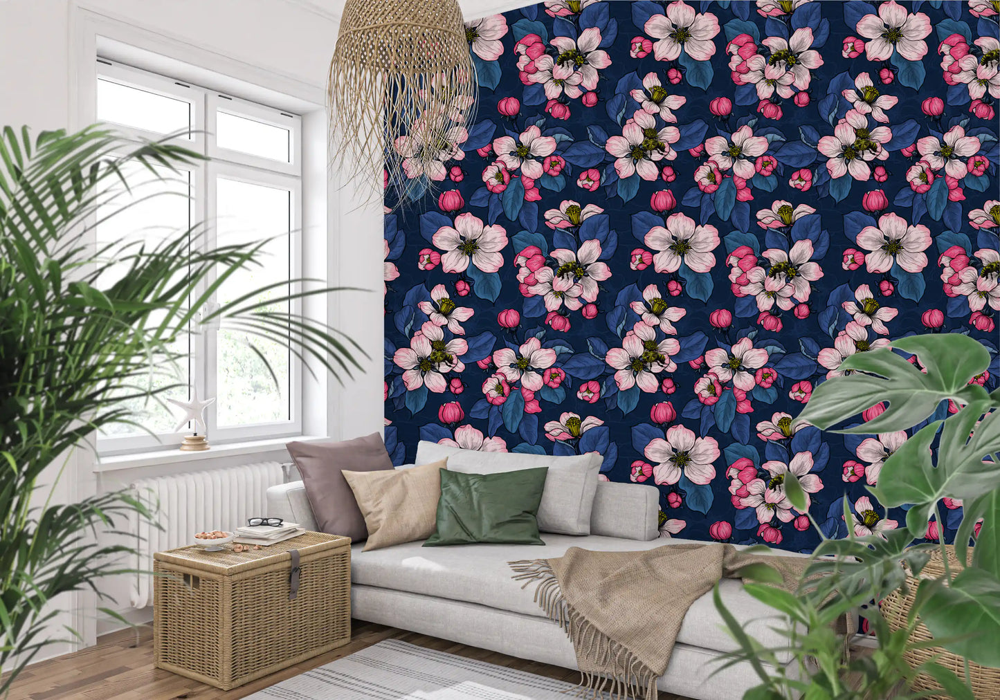 Botanical floral wallpaper with Apple Blossom on Dark Blue design