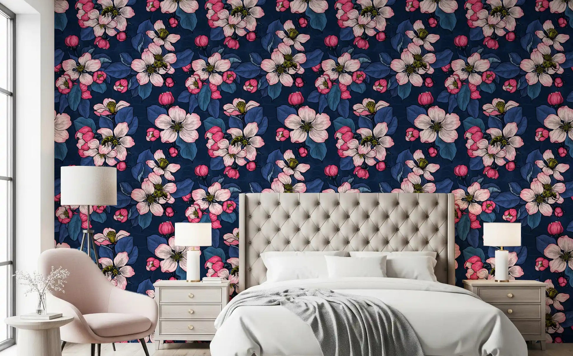 Bedroom wall featuring Apple Blossom on Dark Blue wallpaper pink blooms