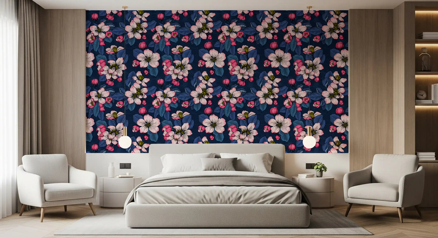 Apple Blossom on Dark Blue wallpaper showing detailed flower elements