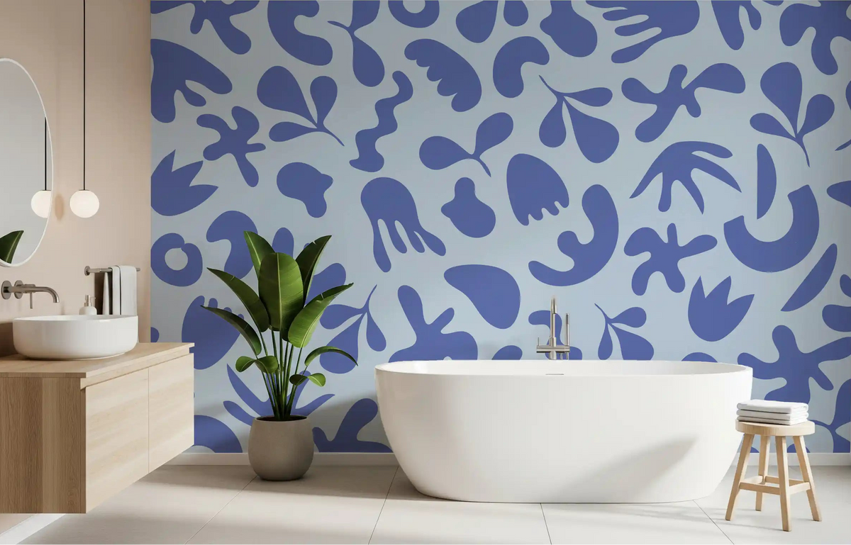 Bathroom with Serene Organic Flow wall mural in soft blue abstract forms