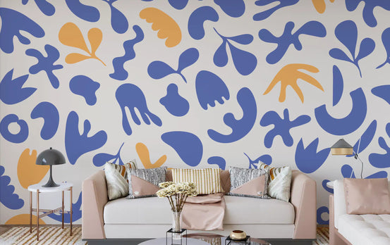 Living area with Blue Organic Flow wall mural in soft abstract pattern