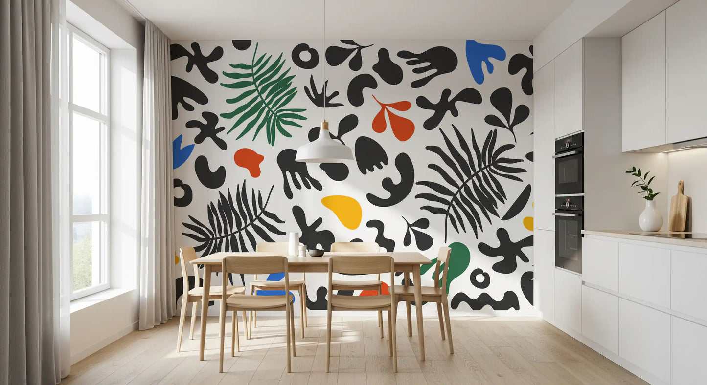 Playful cutout forms shape Vibrant Organic wall mural on a light ground