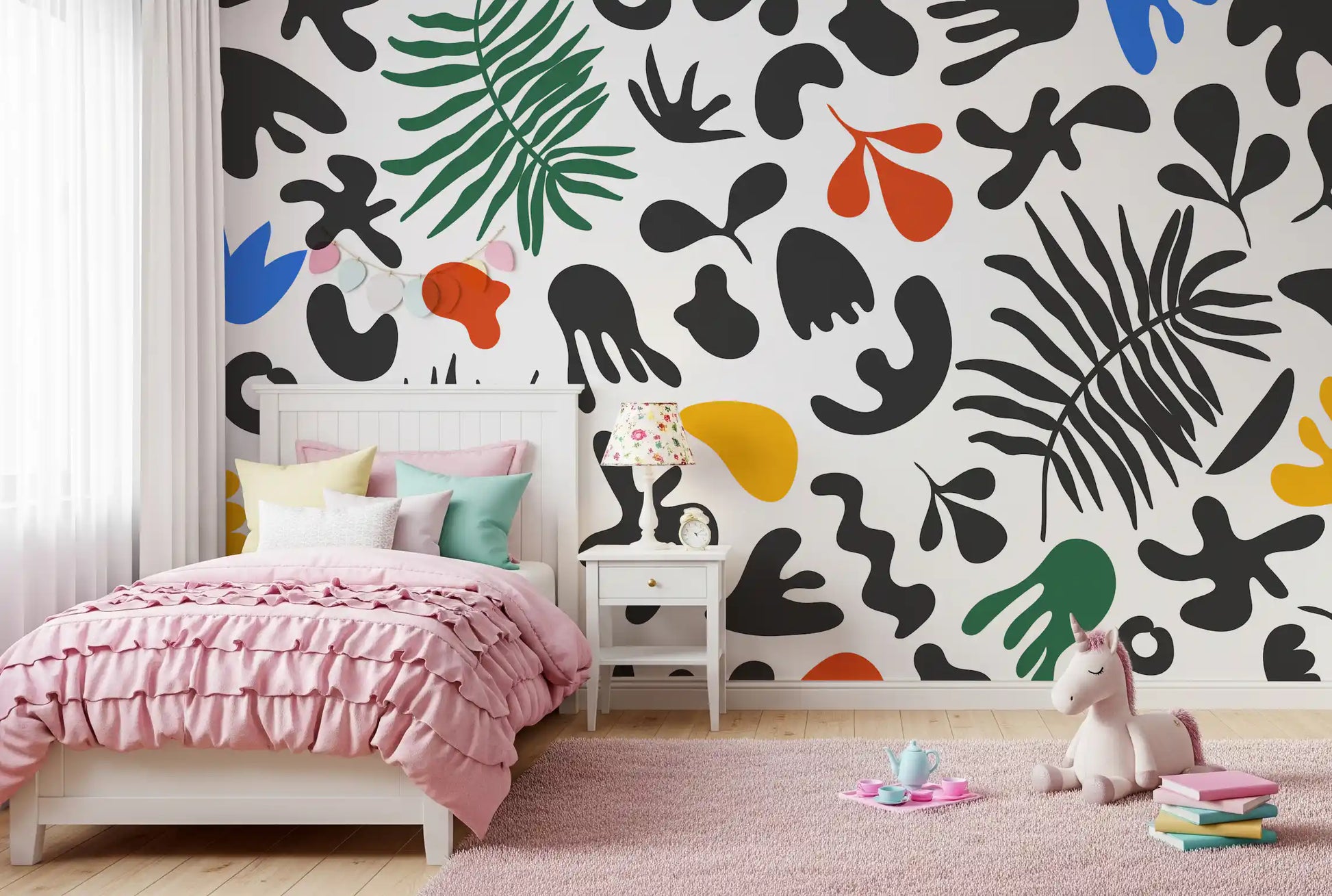 Girls room wall using Vibrant Organic mural with leafy forms and vivid accents