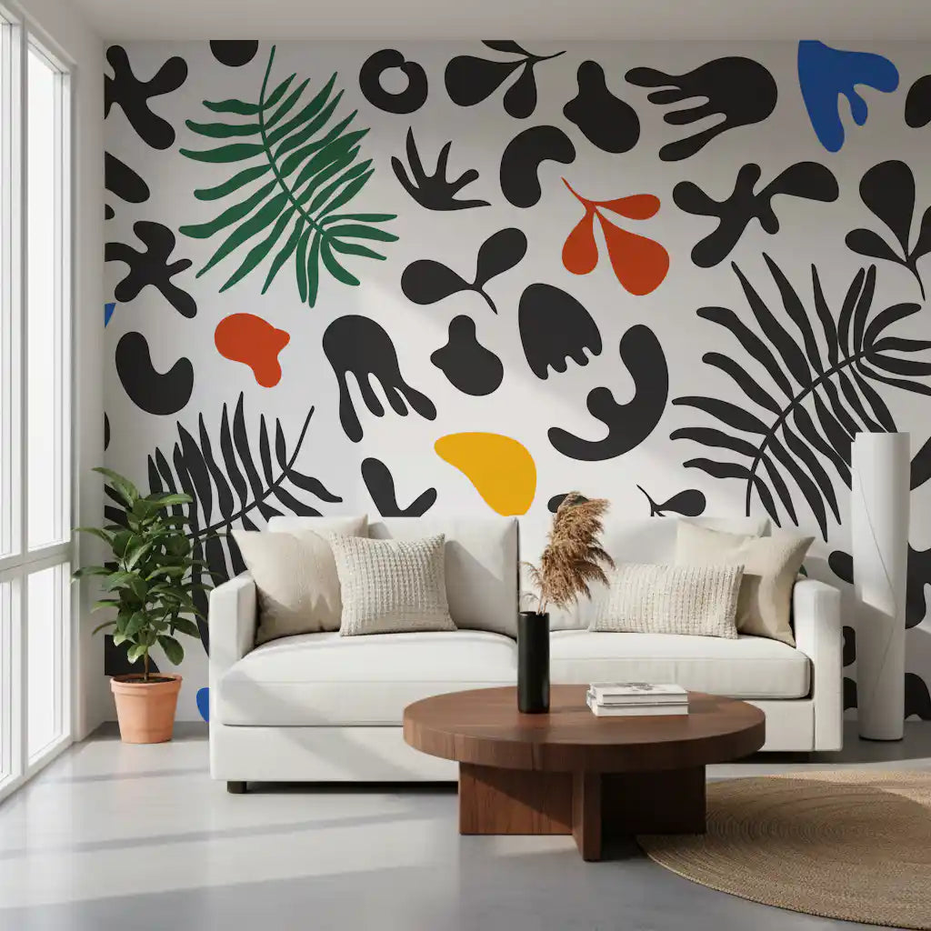 Hallway wall styled in Organic Shapes Mural with black forms and bright colour