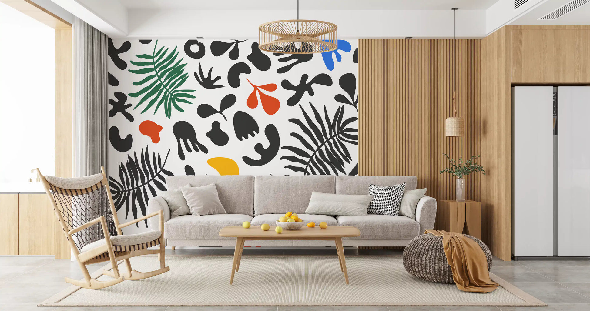 Tropical leaf graphics enrich Vibrant Shapes wall mural with fresh movement