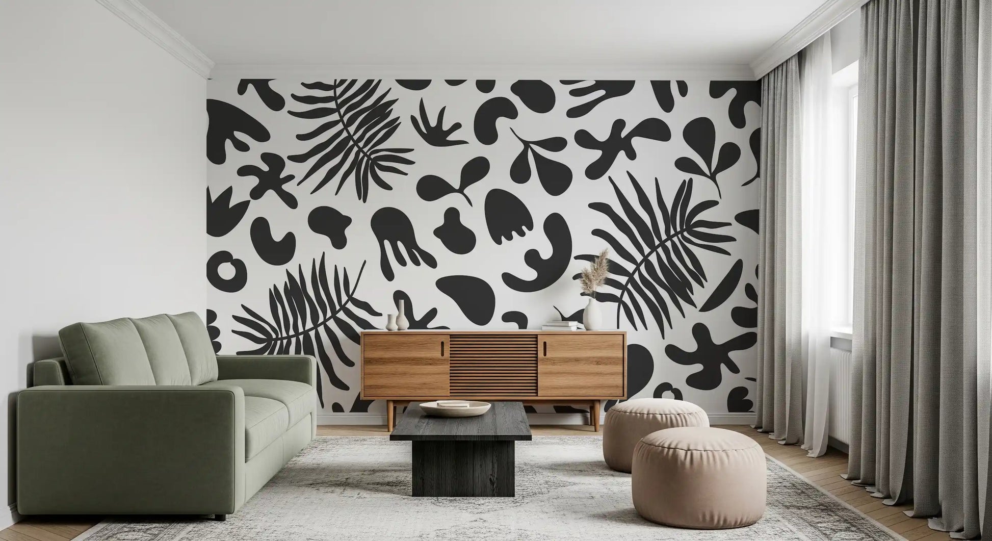 Hallway styled in Foliage Wall Mural with bold monochrome leaves