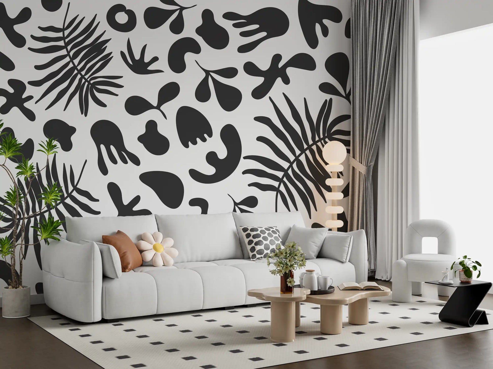 Contemporary Foliage mural in monochrome with flowing botanical forms