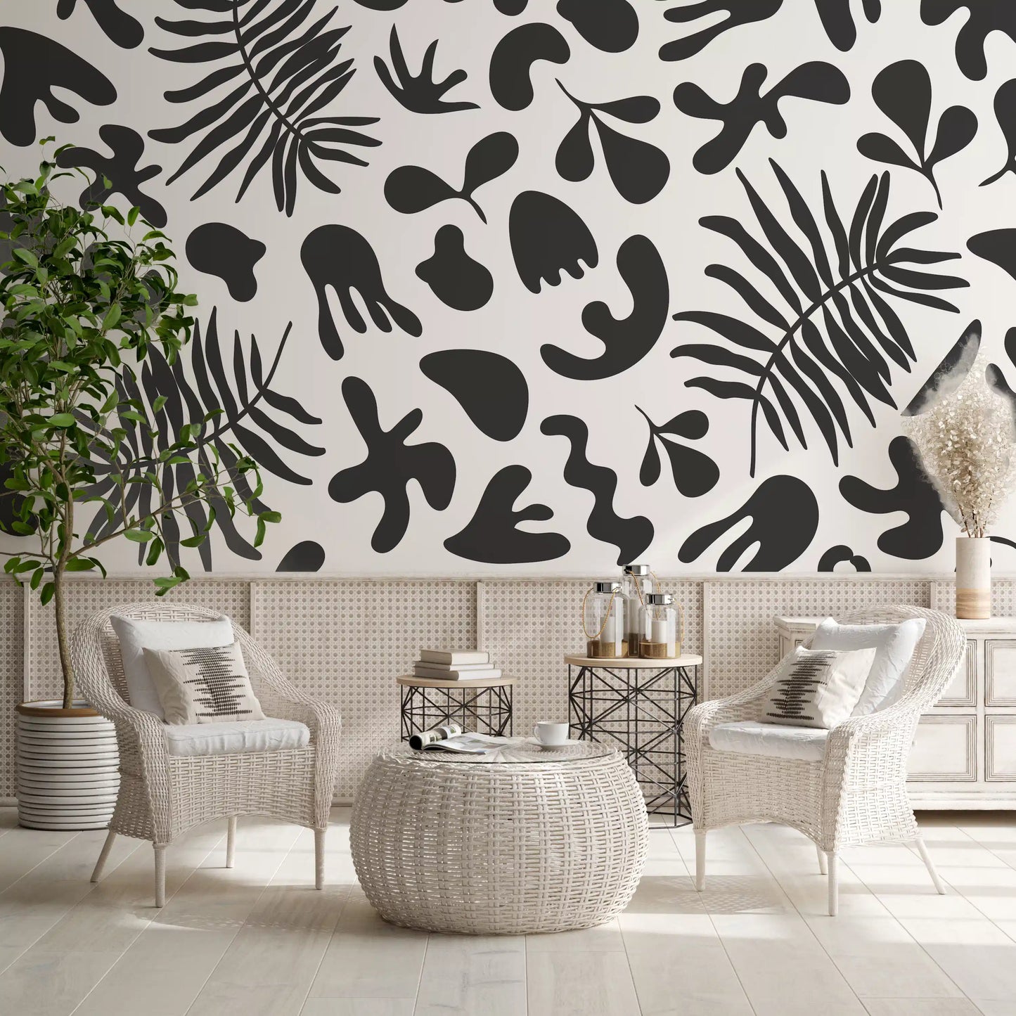 Dining room featuring Abstract Organic mural with graphic leaf forms