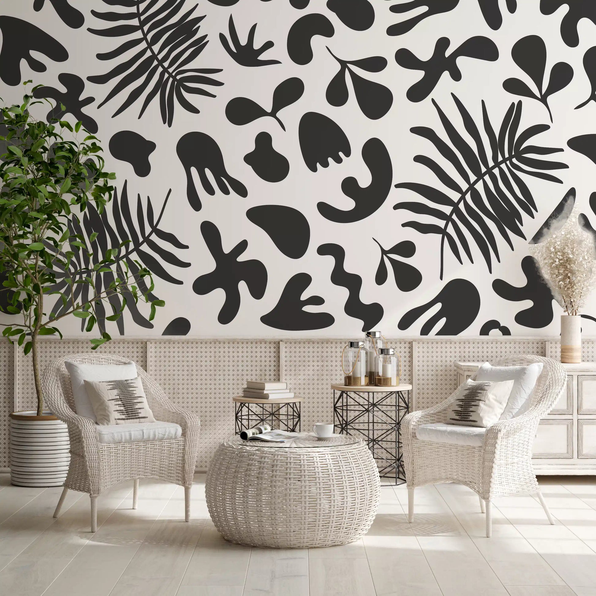 Dining room featuring Abstract Organic mural with graphic leaf forms