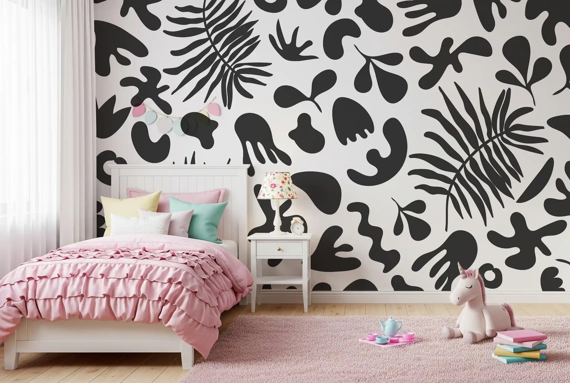 Girls room with Black and White Foliage wall mural pattern