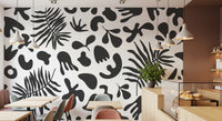 Wall Mural design with Black and White leaf shapes and soft curves