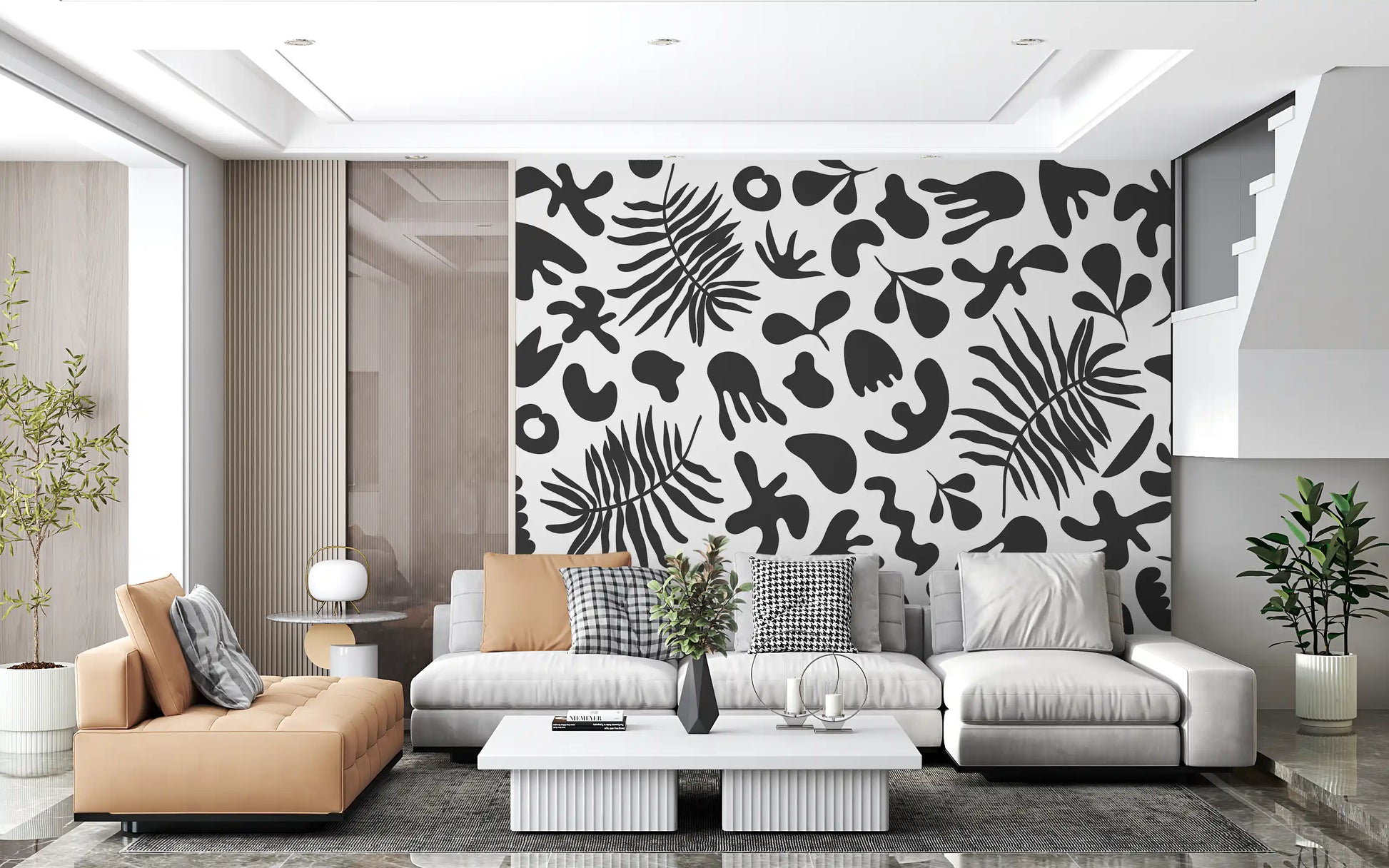 Monochrome Wall Mural with Foliage silhouettes and abstract flow
