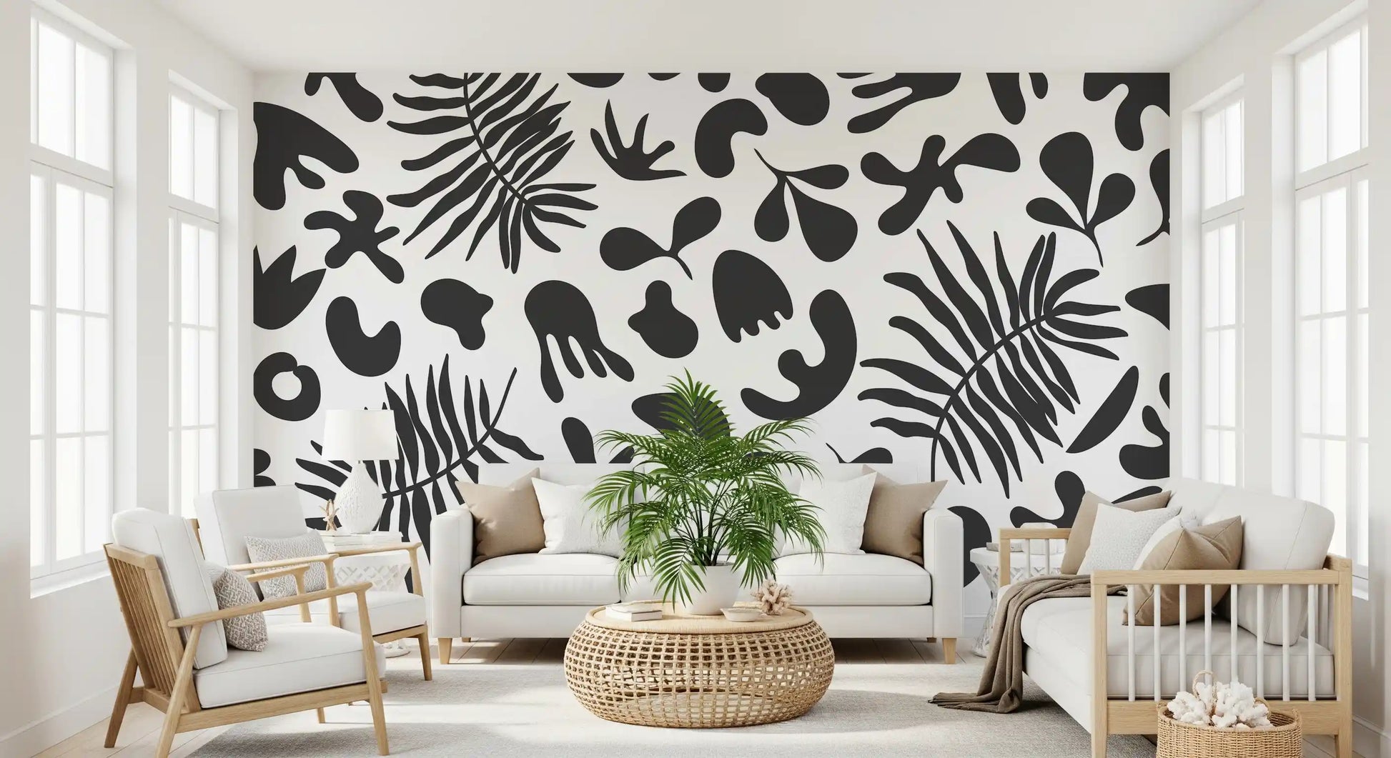 Black and White mural with bold organic leaf pattern across the wall