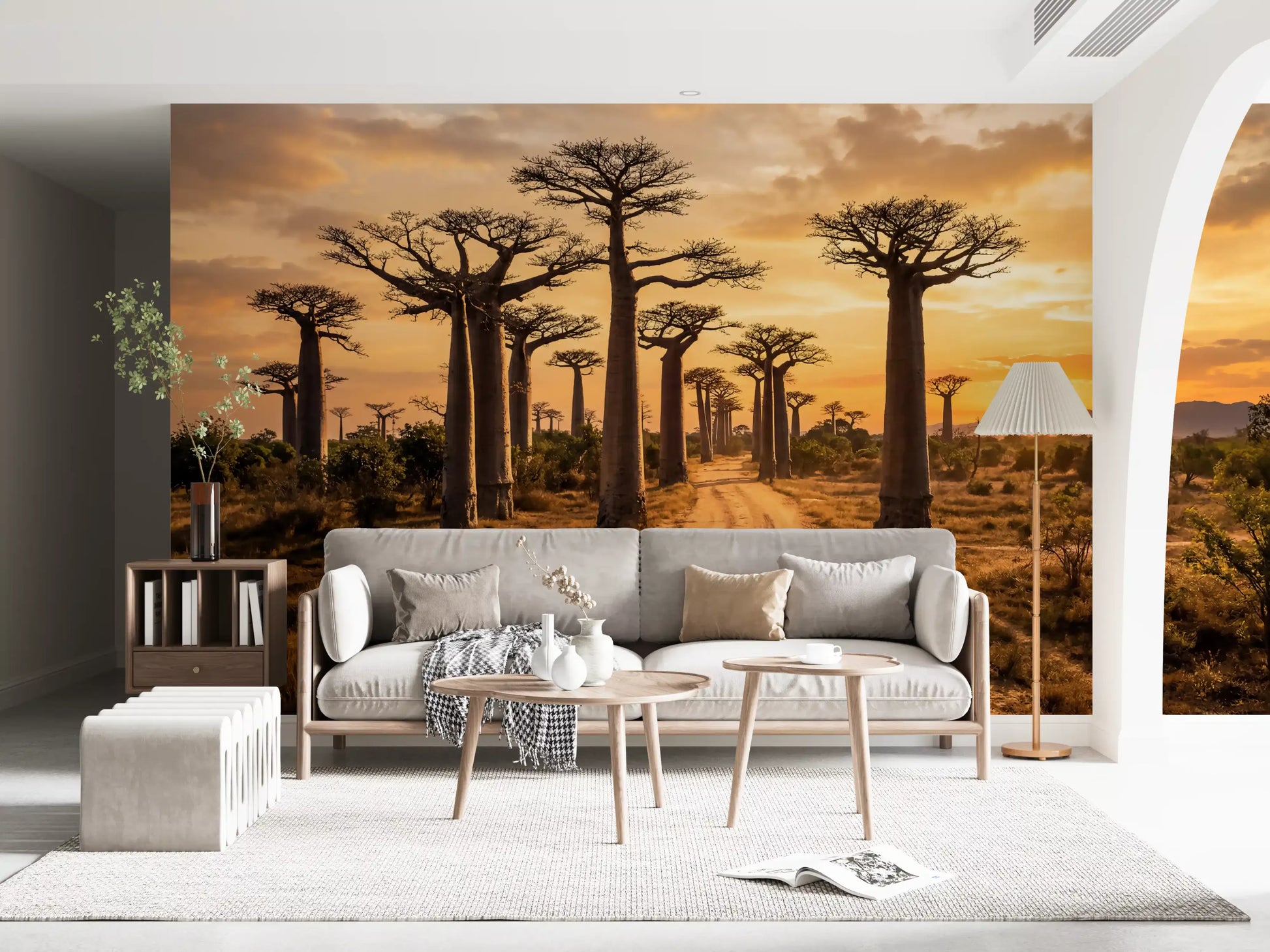Golden Baobab Path wall mural with sunset light and tree-lined trail