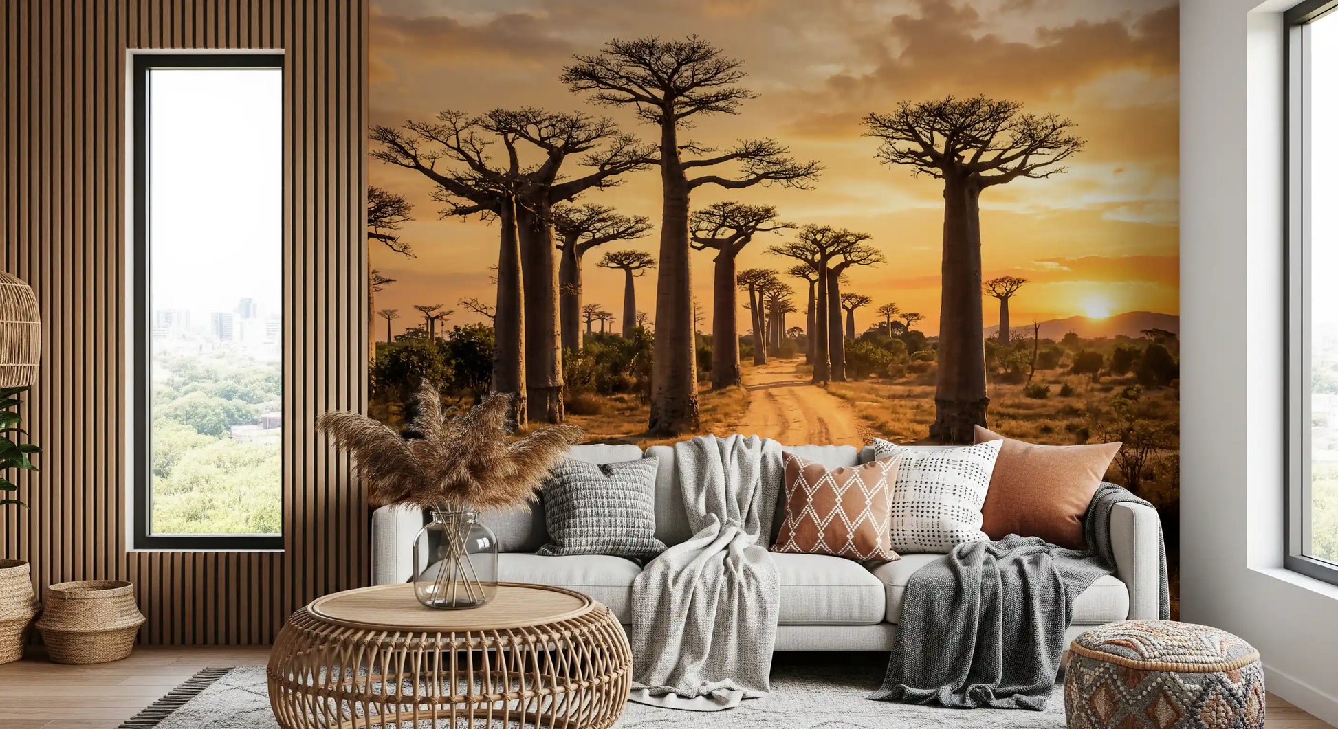 Golden Baobab Path wall mural with long shadows and warm sunlight