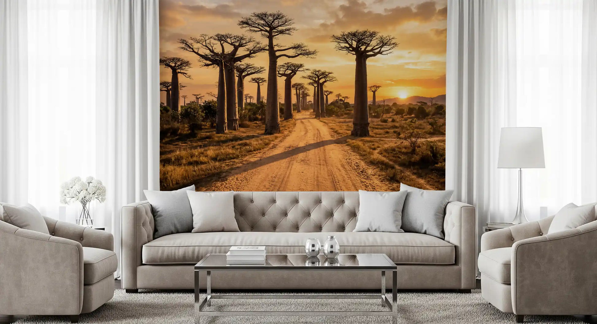 Nature path wall mural with tall trees and golden landscape tones