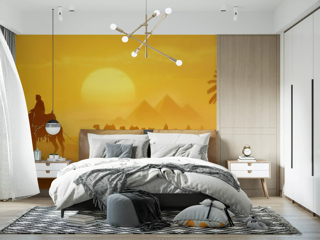 Bedroom styled using Sands of Time wall mural with camel silhouettes