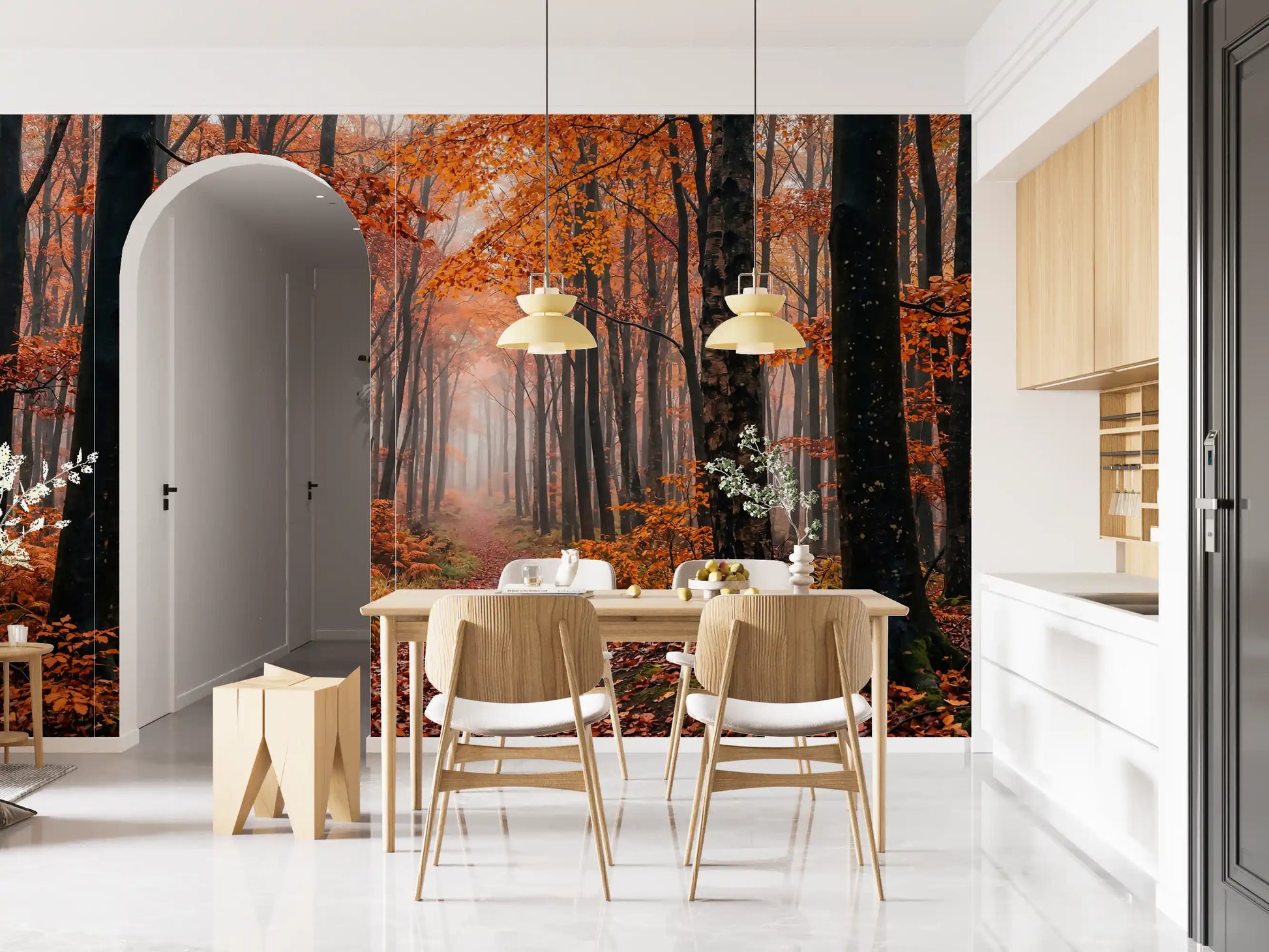 Forest trail wall mural showing autumn colors and soft mist atmosphere